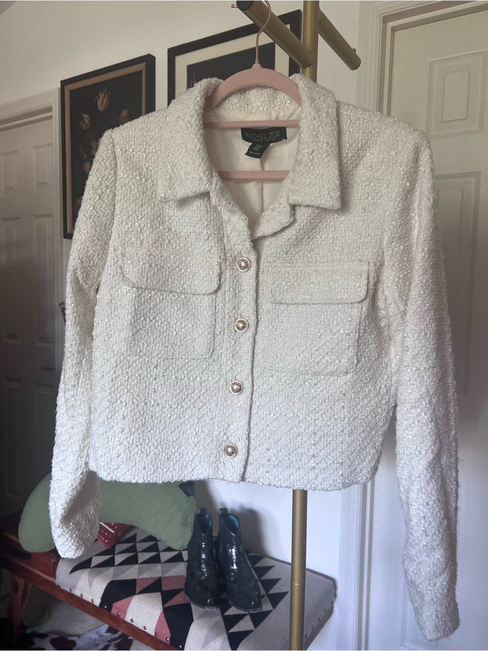 Rachel Zoe Ivory Bouclé Tweed Pocket Gold Button Jacket MED NWOT